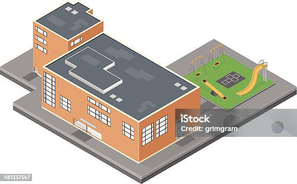 Ilustración de Edificio De Escuela Primaria Con Patio De Juegos y más Vectores Libres de Derechos de Proyección isométrica - Proyección isométrica, Edificio escolar, Educación