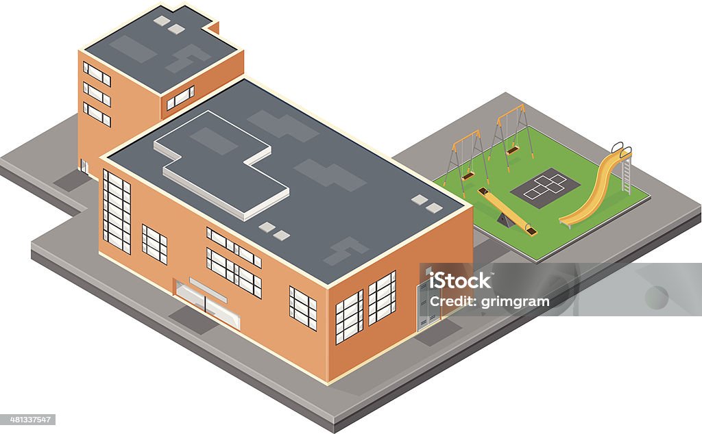 Здание начальной школы с площадка - Векторная графика Изометрическая проекция роялти-фри