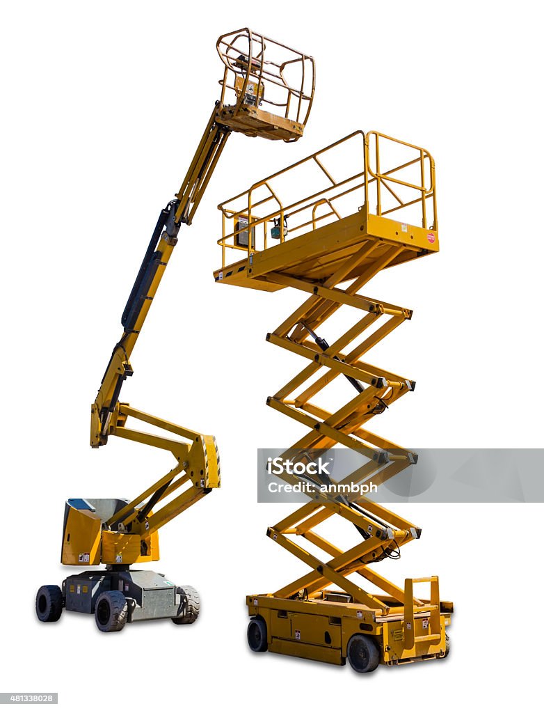 Scissor Lift And Articulated Boom Lift Stock Photo - Download Image Now - Scissor  Lift, Cherry Picker, Mobile Crane - iStock