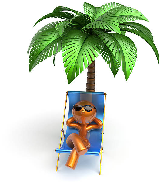 homme de caractère relaxant chaise longue détente sur la plage de palm tree - beach tropical climate palm tree deck chair photos et images de collection