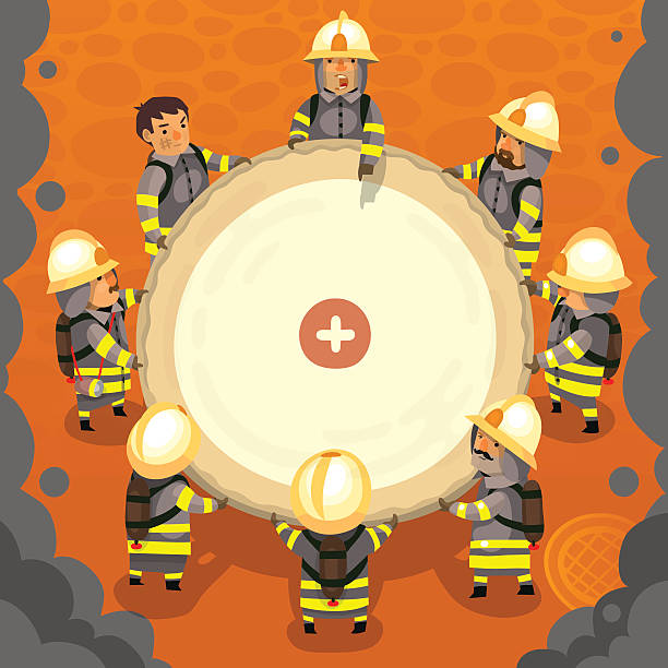 illustrazioni stock, clip art, cartoni animati e icone di tendenza di set di stile pompiere al lavoro - rete di sicurezza