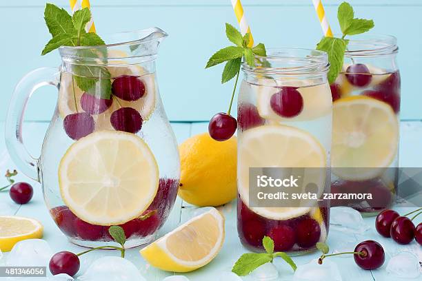 Detox Fruit Infused Flavored Water With Cherry Lemon And Mint Stock Photo - Download Image Now