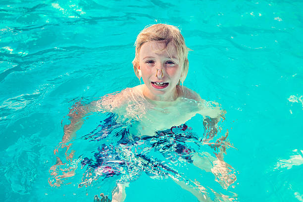 istock Young boy with a synchronised swimming nose clip in pool. 481346094
