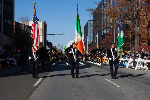 Stamford, CT, USA - November 18, 2012: The individuals are part of the Avant-garde of the Irish Band who are participating in the city of Stamford annual \
