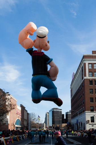 Stamford, CT, USA - November 18, 2012: The Popeye balloon is one of the many hot air balloons participating in the city of Stamford annual 