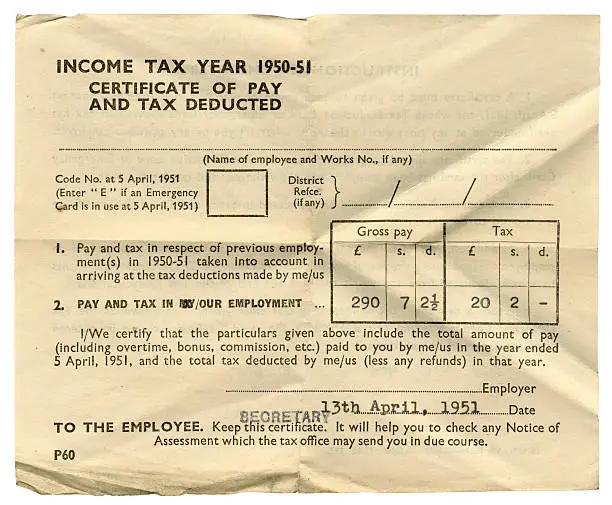 An old British income tax certificate for 1950-1951 (usually known as a P60) with details of gross annual pay and the tax deducted. Personal details removed.