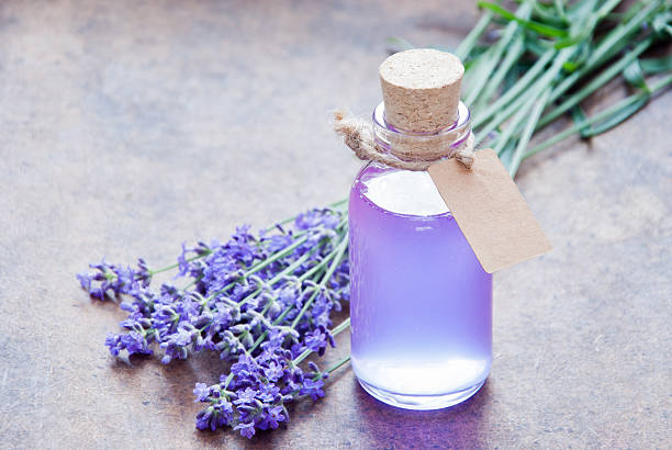 olejek do aromaterapii i z lawendowym korkiem - lavender lavender coloured flower homeopathic medicine zdjęcia i obrazy z banku zdjęć