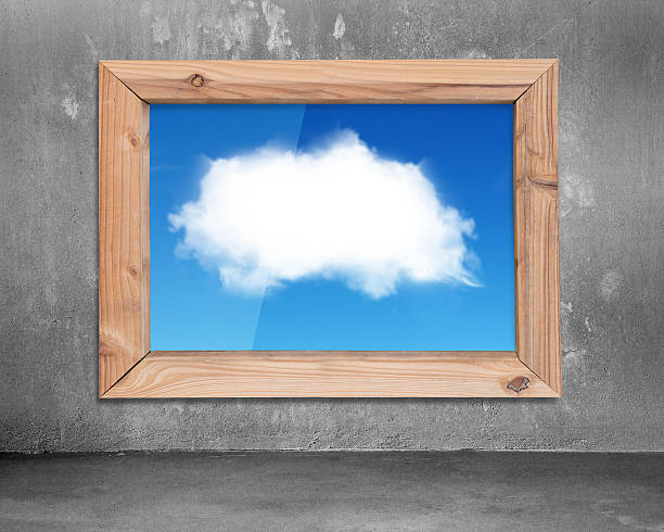 istock Wood frame window with view of  white cloud blue sky 481354780