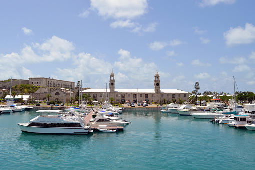 Looking at the marina and Clock Tower Mall at the Royal Naval Dockyard in Bermuda.  