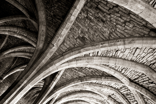 Black and white abstract architectural detail of a medieval vaulted ceiling