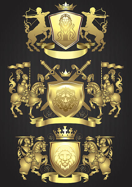 illustrazioni stock, clip art, cartoni animati e icone di tendenza di knight oro set di araldica - crown nobility ornate illustration and painting