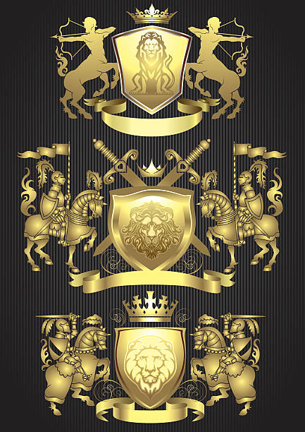 knight gold heraldic набор - gold part of retro revival black stock illustrations