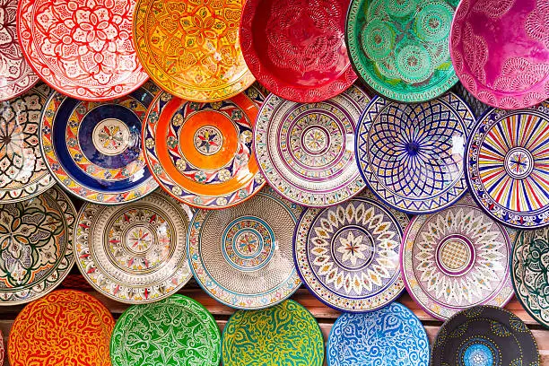 Photo of Traditional arabic colorful clay plates.