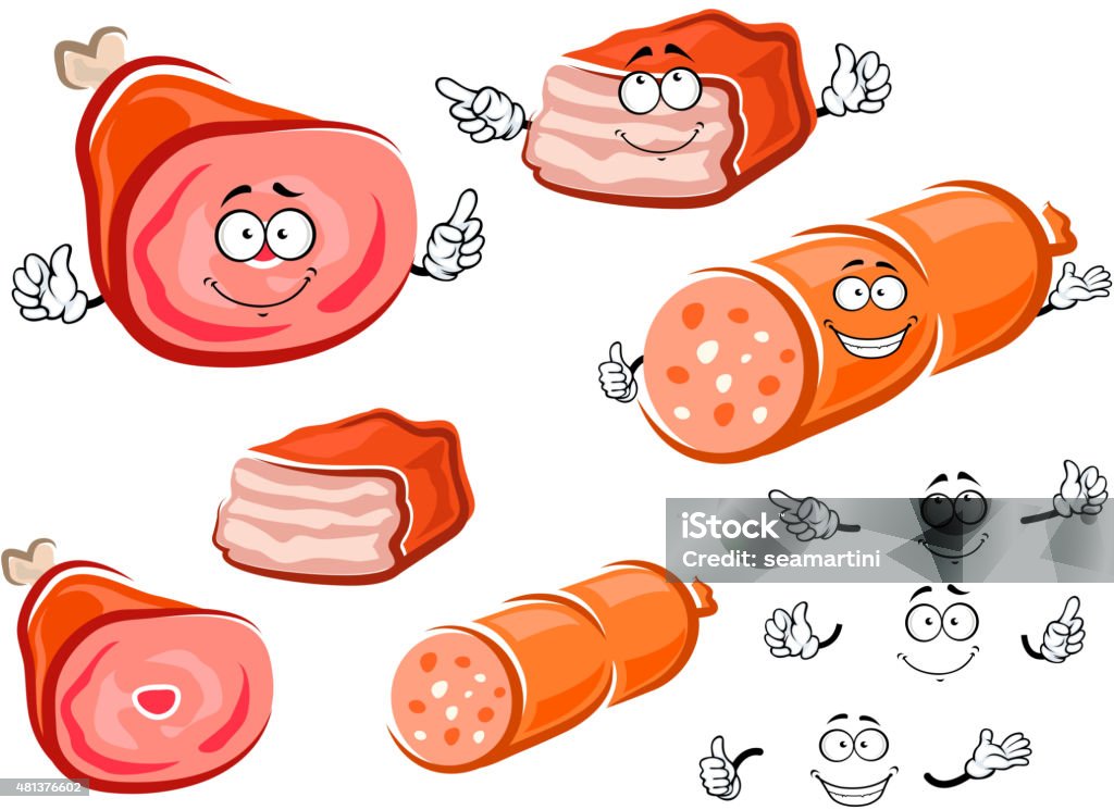 Sausage, pork leg and meatloaf characters Sausage, pork leg with bone and baked meatloaf cartoon characters. Meat products with cute smiling faces for butcher shop or fresh food design 2015 stock vector