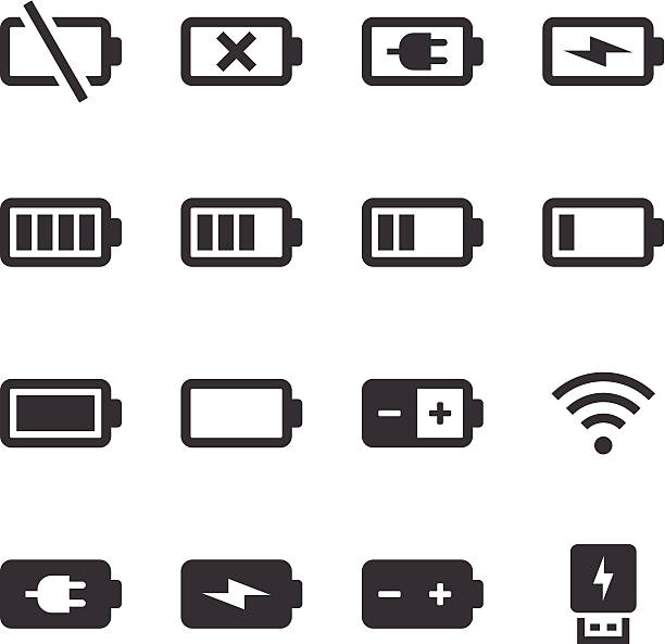 mono-icons set/batterie & power - batterie stock-grafiken, -clipart, -cartoons und -symbole