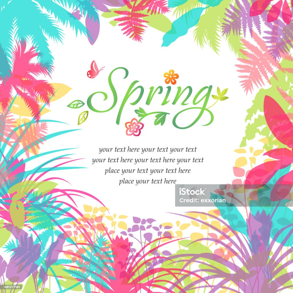 Colorful Assorted Plants Frame Background Blossom into Spring. Butterfly - Insect stock vector