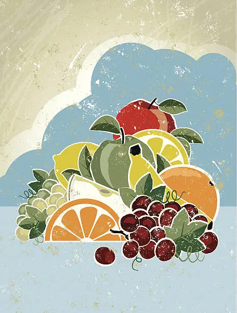 Vector illustration of Colourful Vertical Pile of Fruit and Sky