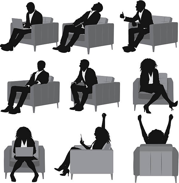 illustrazioni stock, clip art, cartoni animati e icone di tendenza di uomini d'affari seduto sul divano - woman with arms raised back view