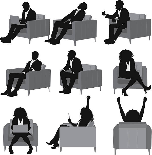 Business people sitting on sofa Business people sitting on sofahttp://www.twodozendesign.info/i/1.png woman sitting cross legged in chair stock illustrations