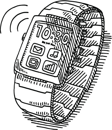 Hand-drawn vector drawing of a contemporary Smartwatch using Wireless Technology. Black-and-White sketch on a transparent background (.eps-file). Included files are EPS (v10) and Hi-Res JPG.