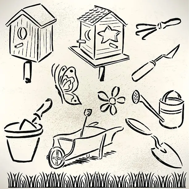 Vector illustration of Garden Equipment and Bird Houses, Spring Season