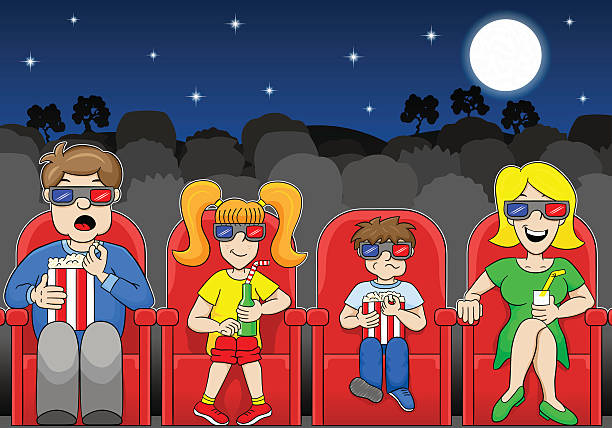family is watching a 3D movie in an outdoor cinema vector illustration of a family is watching a 3D movie in an outdoor cinema movie-theater-exterior stock illustrations