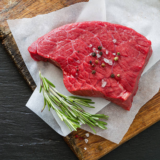 istock Raw beef steak on wood board 481381588