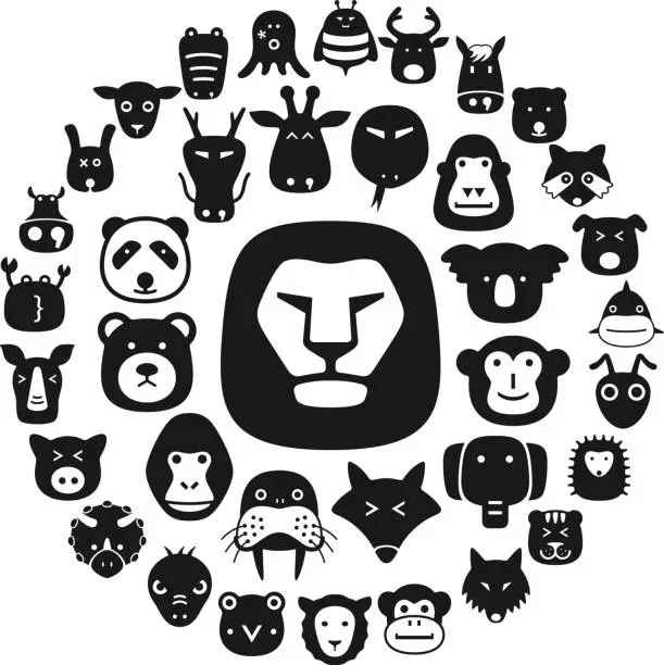 Vector illustration of cute animal face icons set, cartoon vector illustration