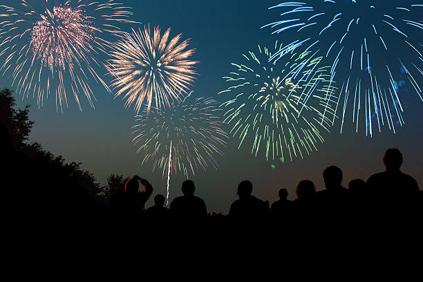 silhouette de spectateurs au spectacle de feux d'artifice de célébration - fireworks show photos et images de collection