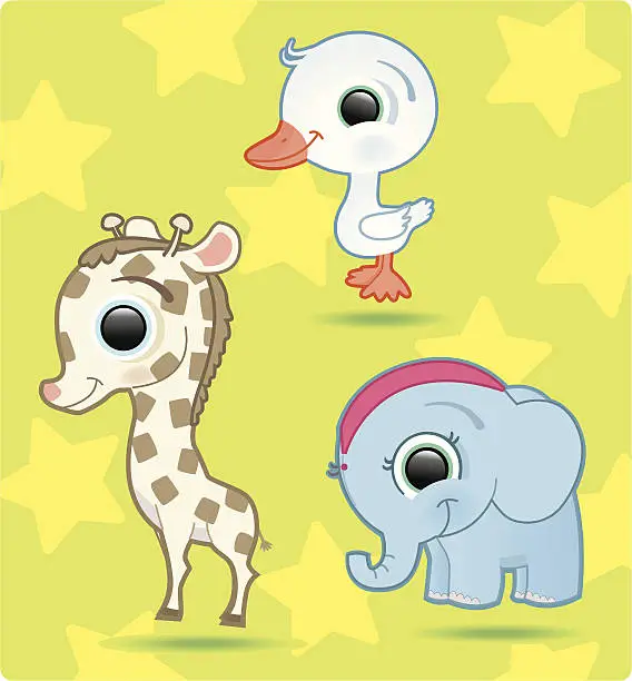 Vector illustration of cute baby-animals (gosling, giraffe, elephant).
