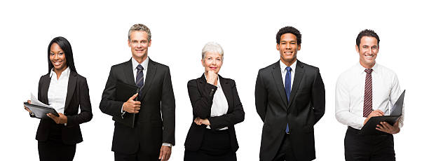 gruppo multietnico di uomini d'affari sorridente - business person isolated on white waist up business foto e immagini stock