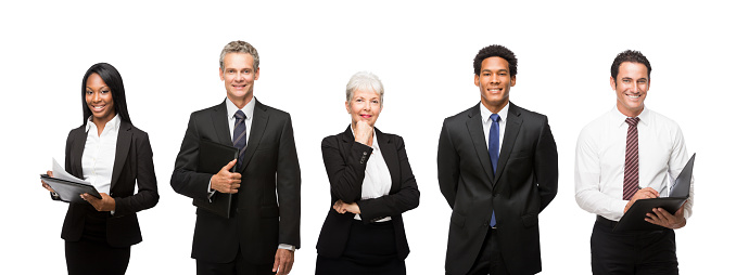 Portrait of multi ethnic group of Business executives smiling against white background
