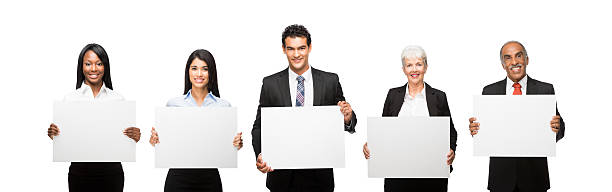 деловой человек улыбается с коммерческим организма - sign holding business people стоковые фото и изображения
