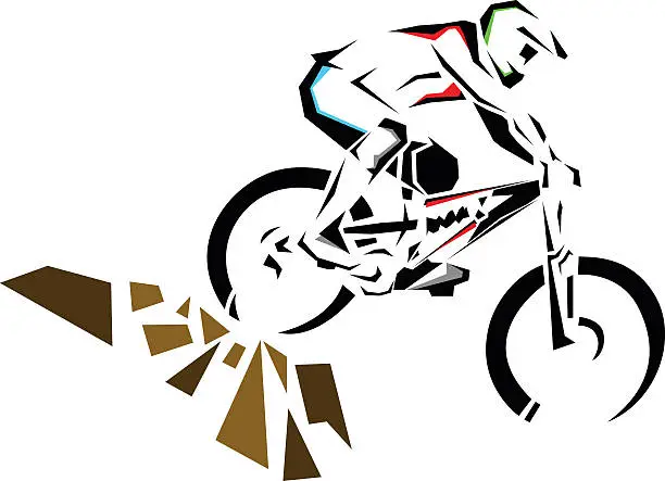 Vector illustration of Downhill mountain biker riding down the rocks.