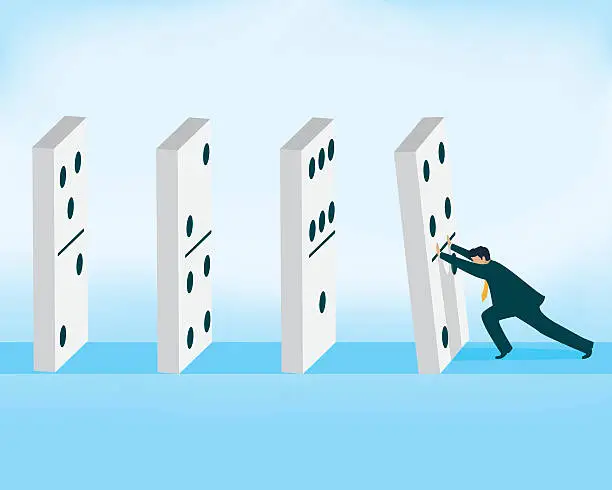Vector illustration of Domino effect, businessman pushing domino piece