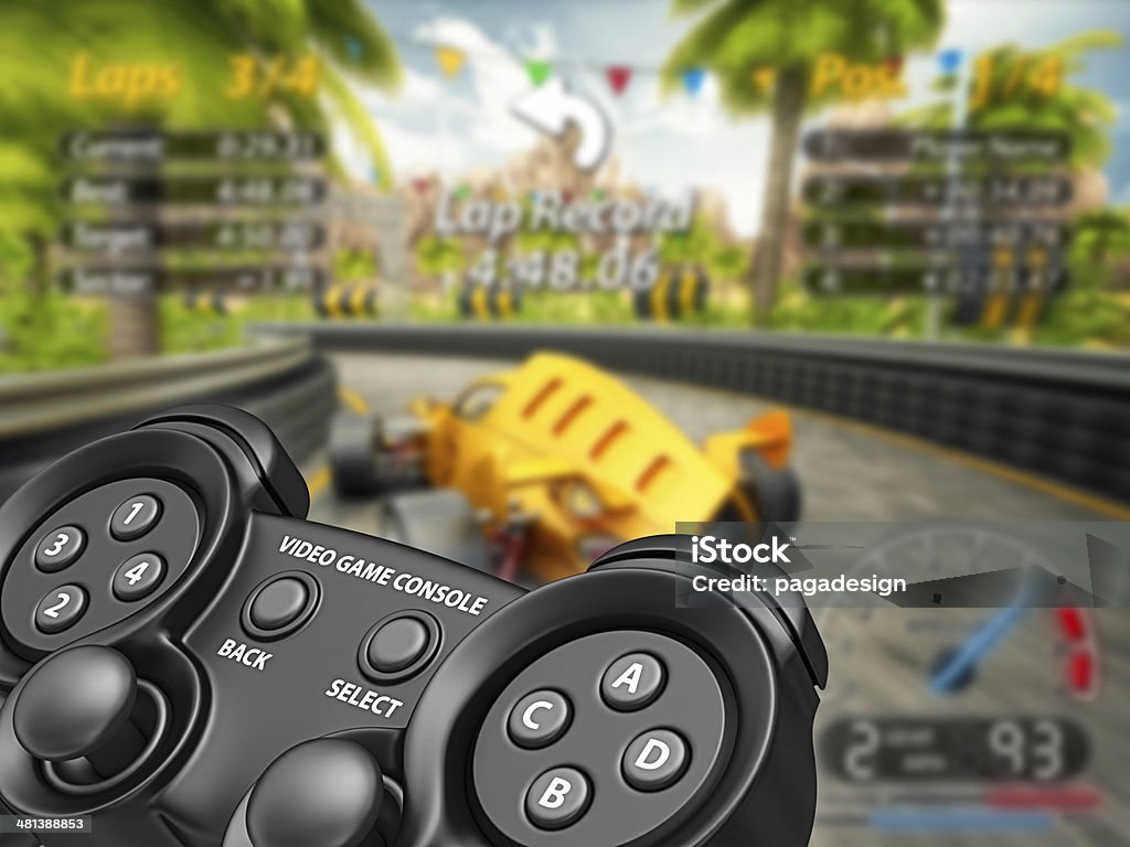 video game game pad and blured race car video game background. Arts Culture and Entertainment Stock Photo