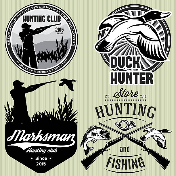 set patterns with duck, dip, gun, hunter for hunting emblem set of vector patterns with duck, dip, gun, hunter for hunting emblem hunting stock illustrations
