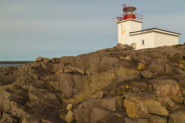 Light and Foghorn of Northern Lighthouse protect marine vessels from rocky shores at northern entrance to Grand Passage from Bay of Fundy.  Brier Island, Nova Scotia, Canada.