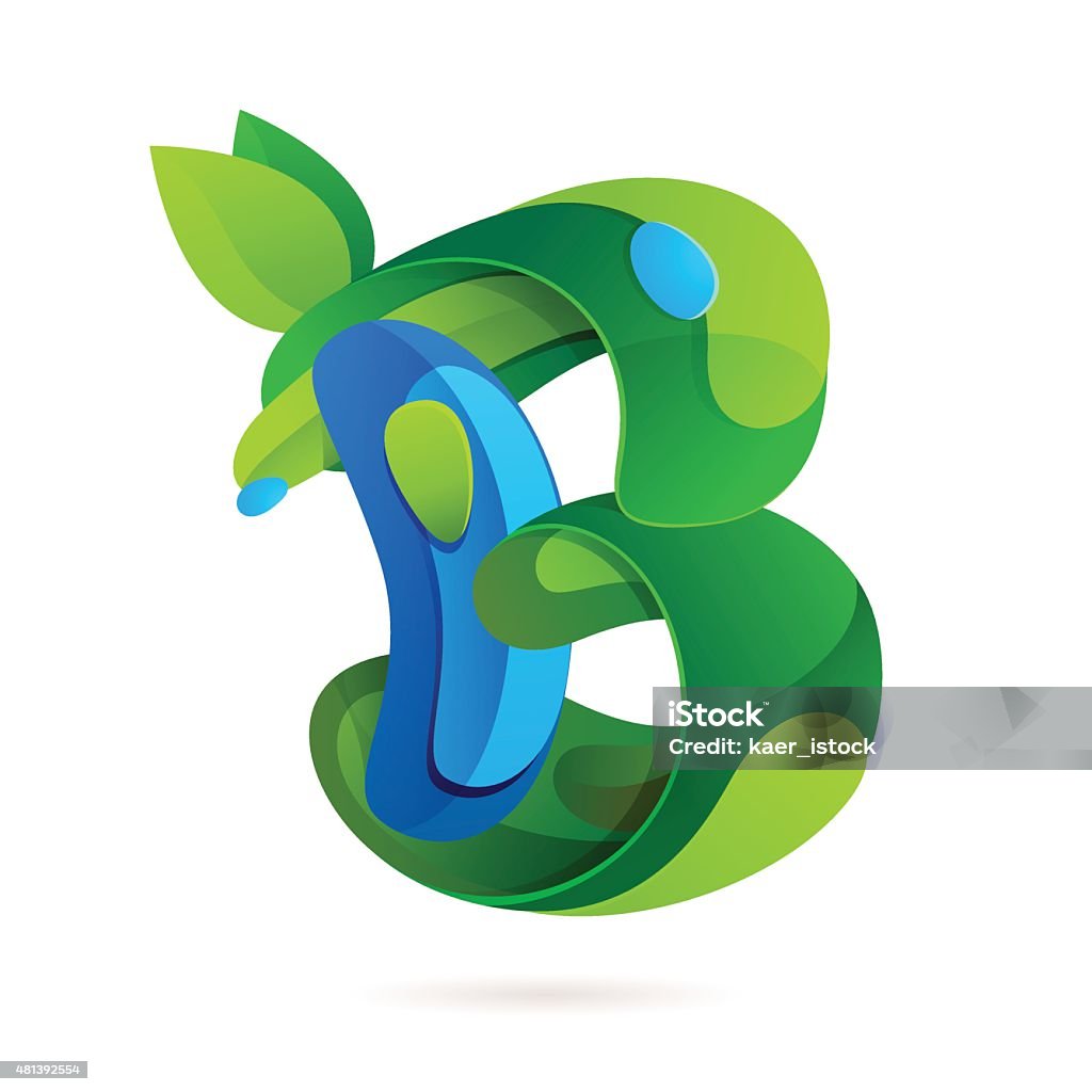 Icône de lettre B volume l'écologie avec feuilles et de gouttes d'eau - clipart vectoriel de 2015 libre de droits