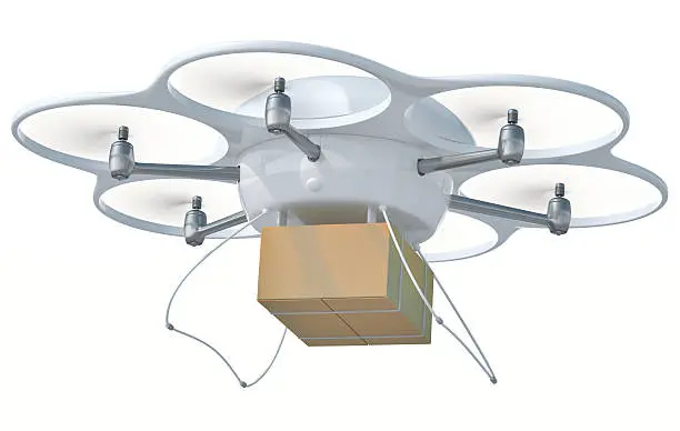 Hexacopter drone carrying a box.