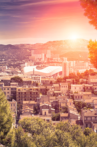 Panoramic view of Marseille and Stadium of Olympique de Marseille at sunset (France)