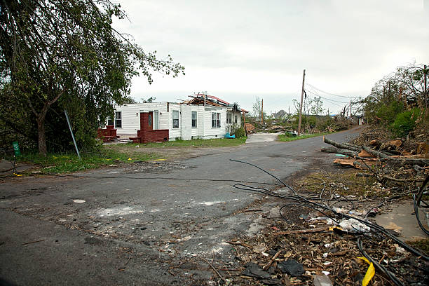 Tornado Damage in city neighborhood stock photo