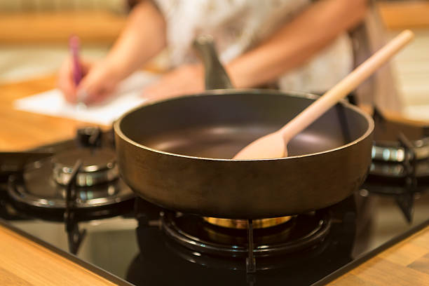 istock Frying pan on gas stove in the kitchen. 481399150