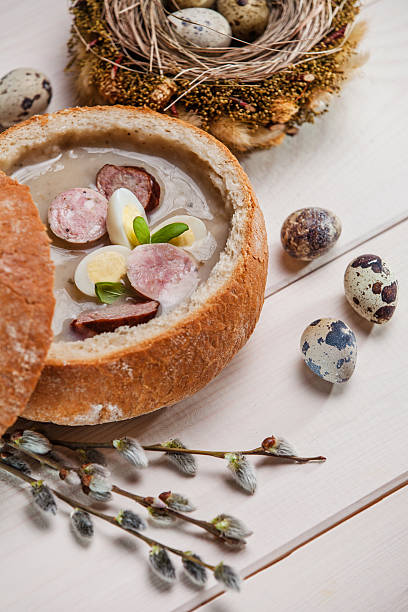 istock Close up easter white borscht in bread bowl 481399469