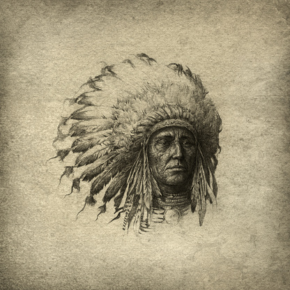 Indian chief wearing headdress. Handmade drawing, pencil/ink on paper & post processing.