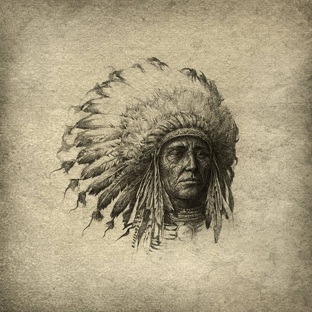American Indian chief Indian chief wearing headdress. Handmade drawing, pencil/ink on paper & post processing. headdress stock illustrations