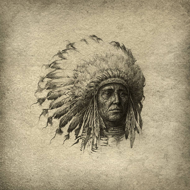 American Indian chief Indian chief wearing headdress. Handmade drawing, pencil/ink on paper & post processing. old indian stock illustrations