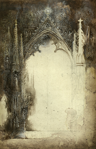 Surreal/fantasy sketch, gothic architecture & plant details. Handmade painting, acrylic on paper, slightly processed.