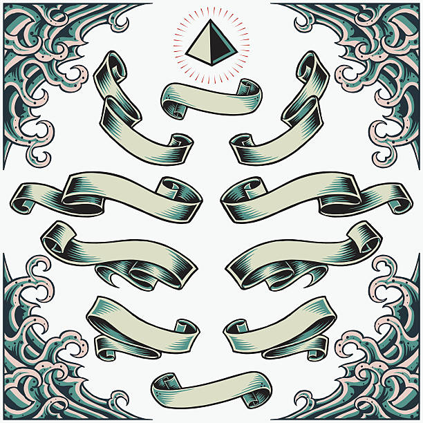 Wave Frame, Ribbons and Pyramid Wave Frame, Ribbons and Pyramid in old school tattoo style illustration vector for use. vintage tattoo styles stock illustrations