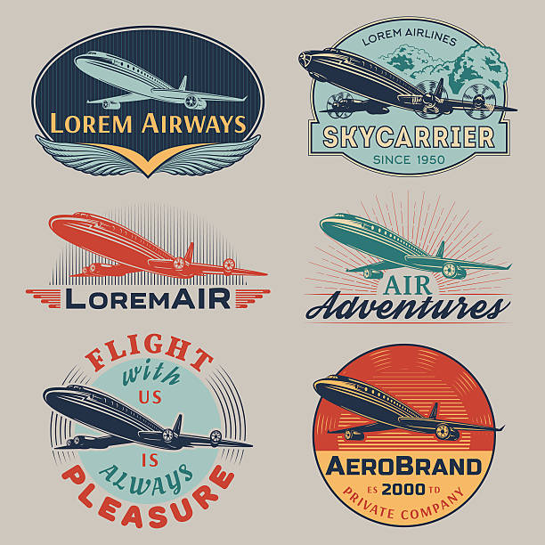 Air badges color Set of aircraft and air transportation vector labels.Logo templates,badges,emblems,signs color graphic collection.Air voyage,tour,flight promotion and advertising symbols isolated on grey background old luggage tag stock illustrations